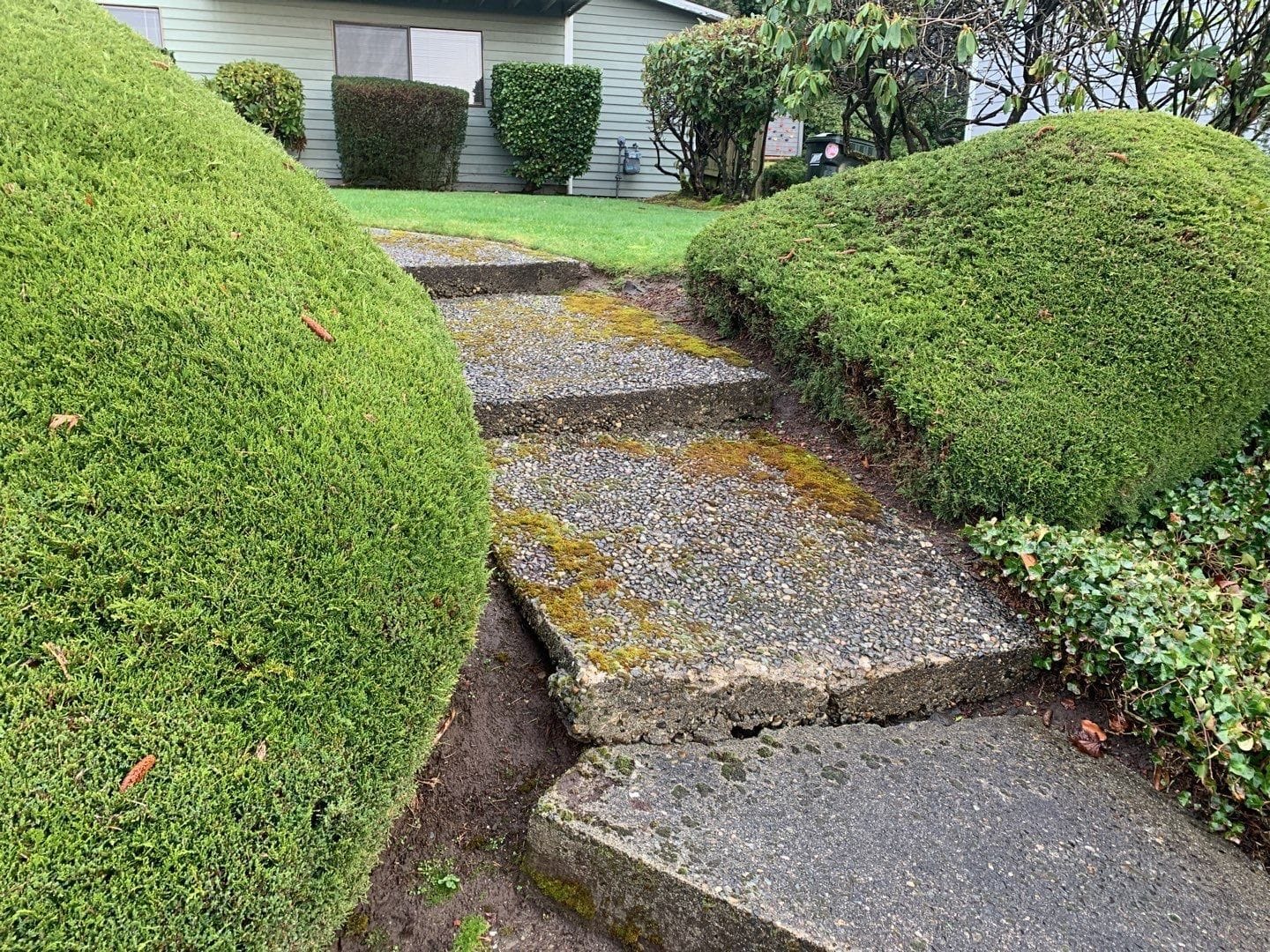 Sloping, cracked concrete steps to be replaced, side view.