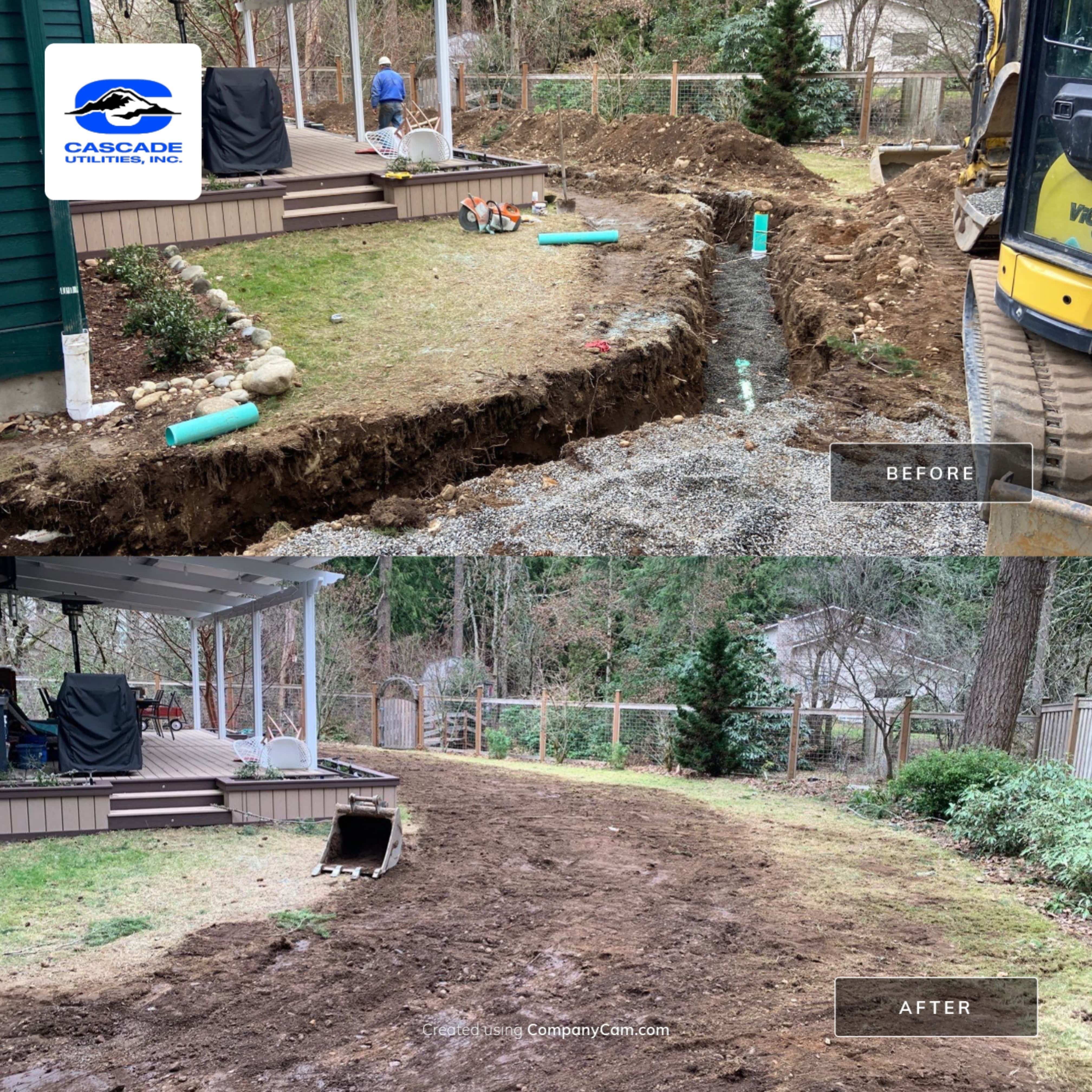 A side by side comparision of the same yard. The before picture shows a trench with sewer pipe being installed. The after pictures shows even graded land.